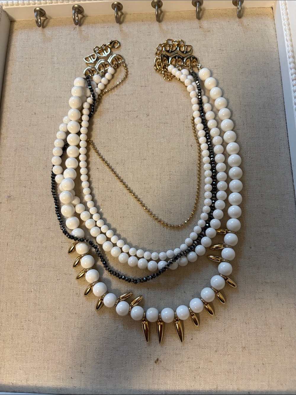 Stella & Dot White Bead Multi-Strand Necklace with Gold Spikes